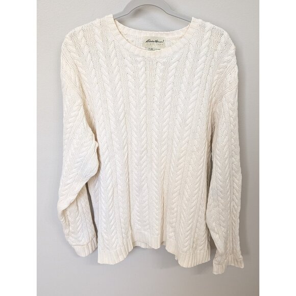 VINTAGE Eddie Bauer Sweater Mens L Ivory Cable Knit Crew Neck Fishermans Knit - Picture 1 of 9